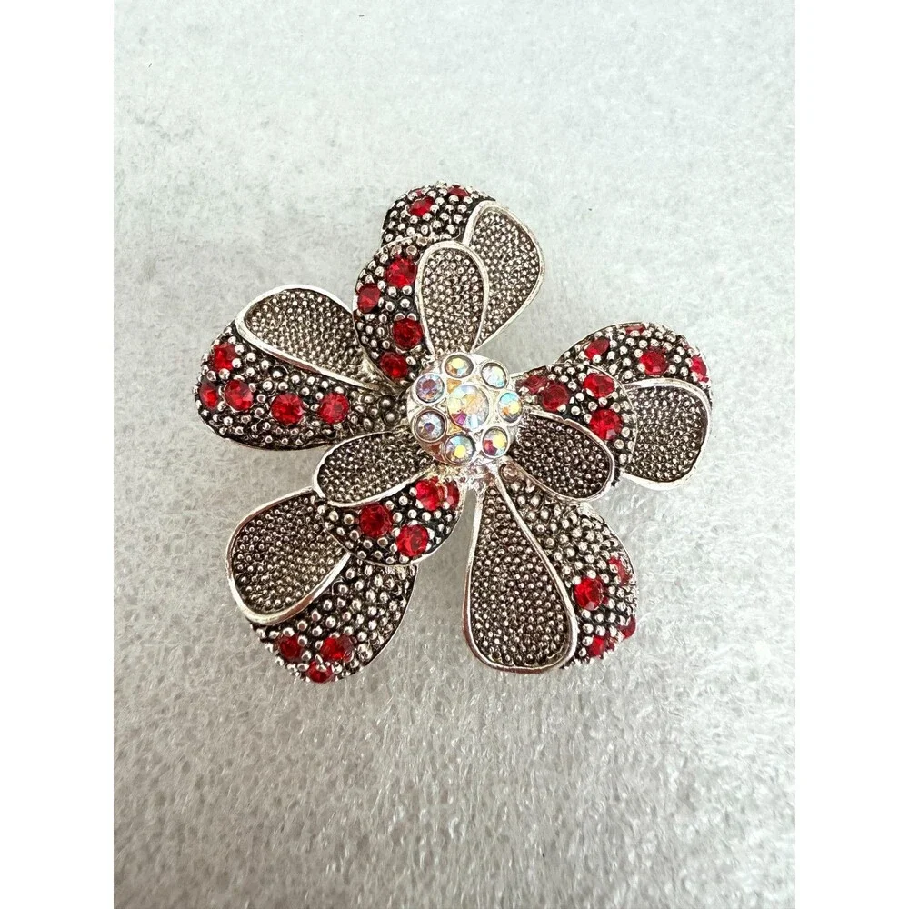 Vintage Silver Tone Textured Flower Brooch Pin Red AB Rhinestone Center